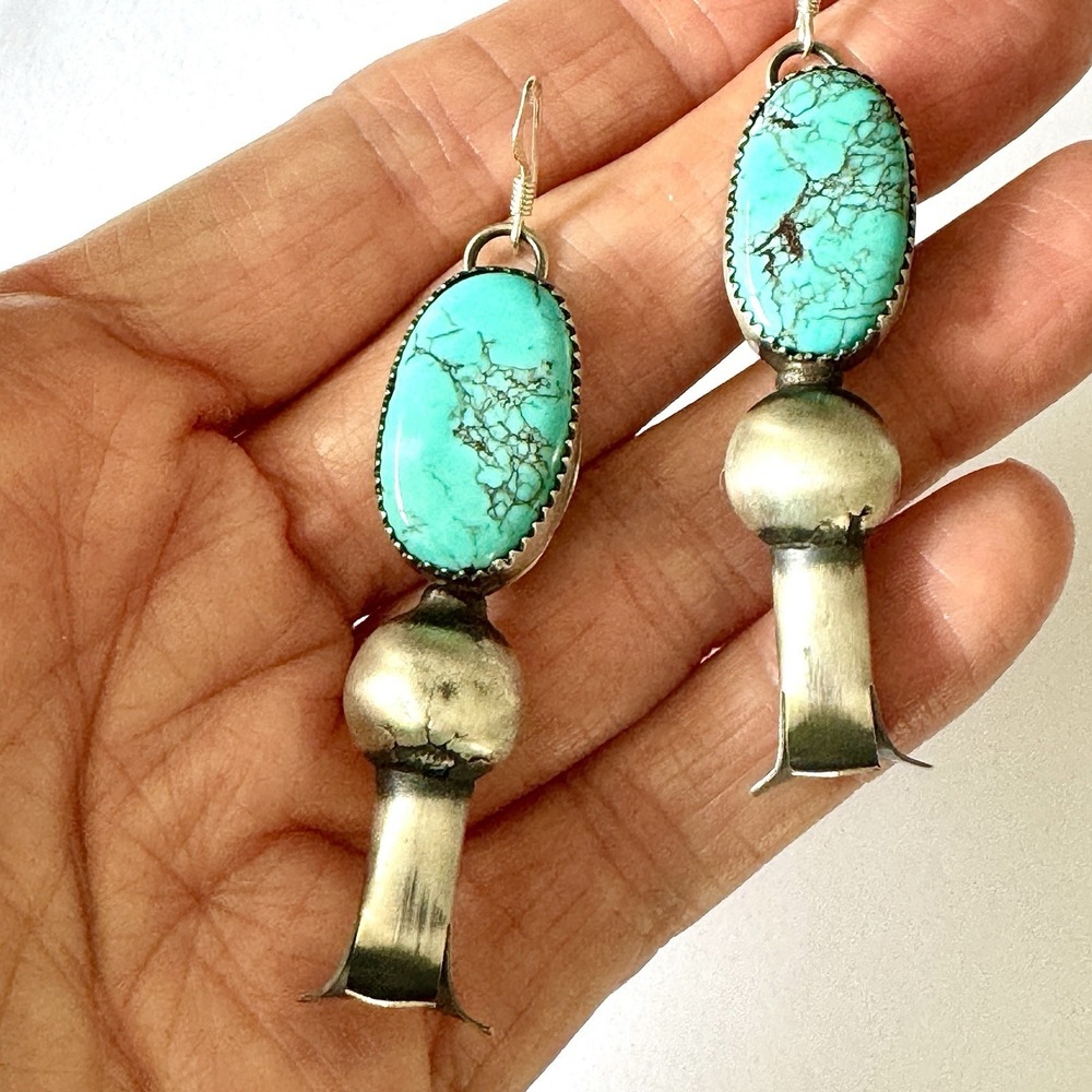 Navajo Squash Blossom Turquoise Earrings 925 Matte Pearls Hook Naja Signed T3